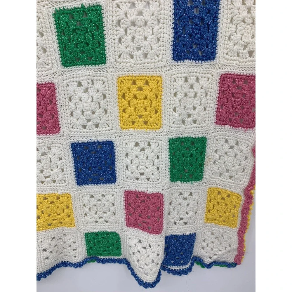 Vintage Handmade Crochet Baby Blanket Afghan Granny Square 44